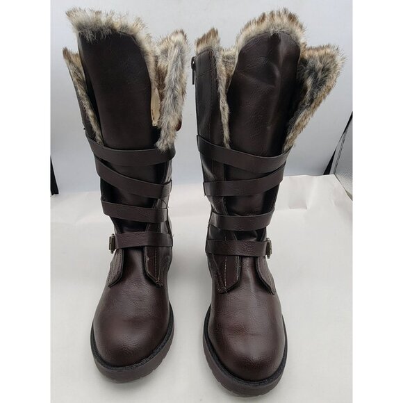 SO Boots Faux Leather Fur-Lined Buckle Strap Memory Foam Womens Size 8 in Box - Picture 4 of 11